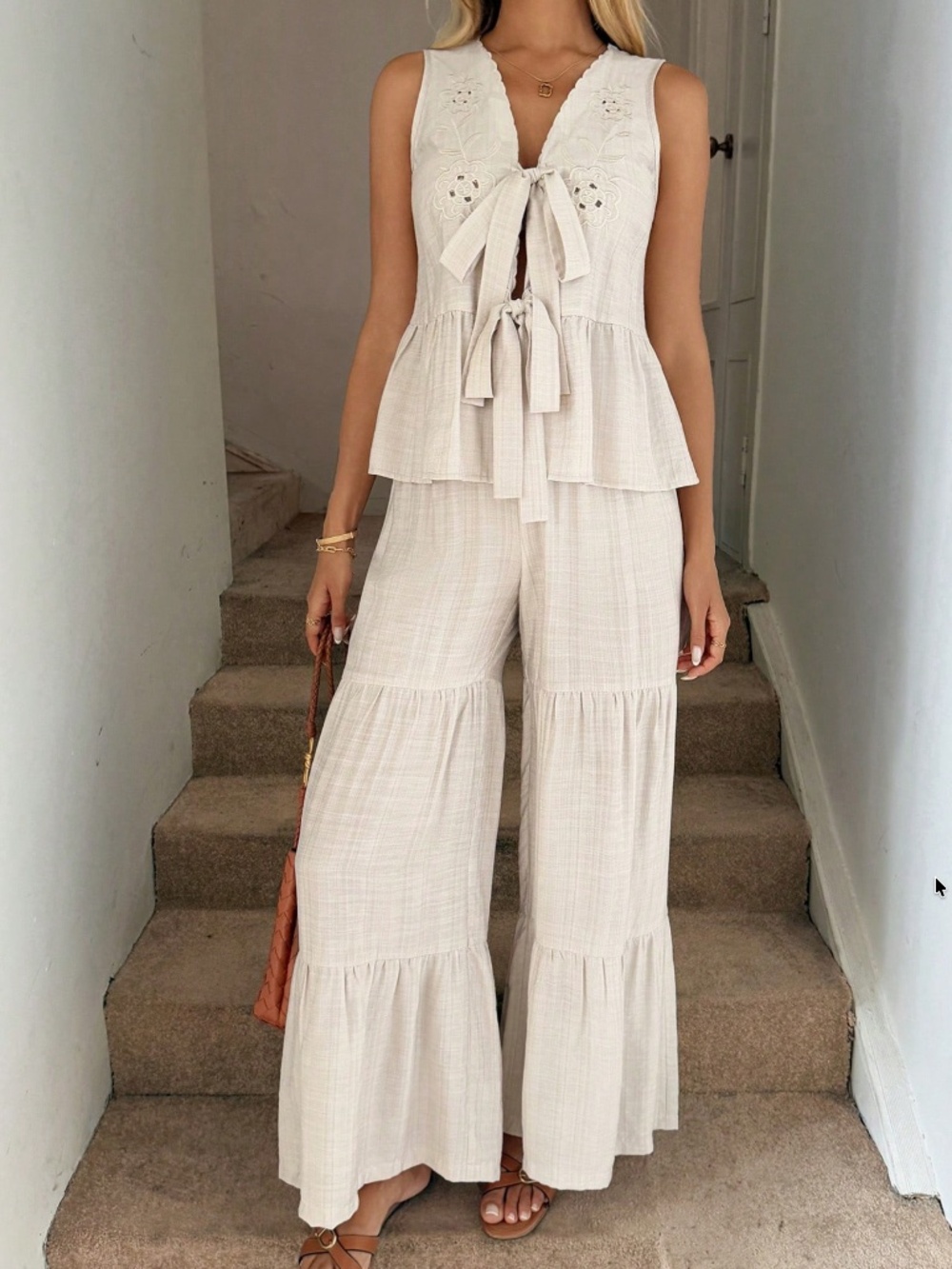 Boho Floral Detail Front Tie Sleeveless Top Wide Leg Pants Set - Picture 3 of 5